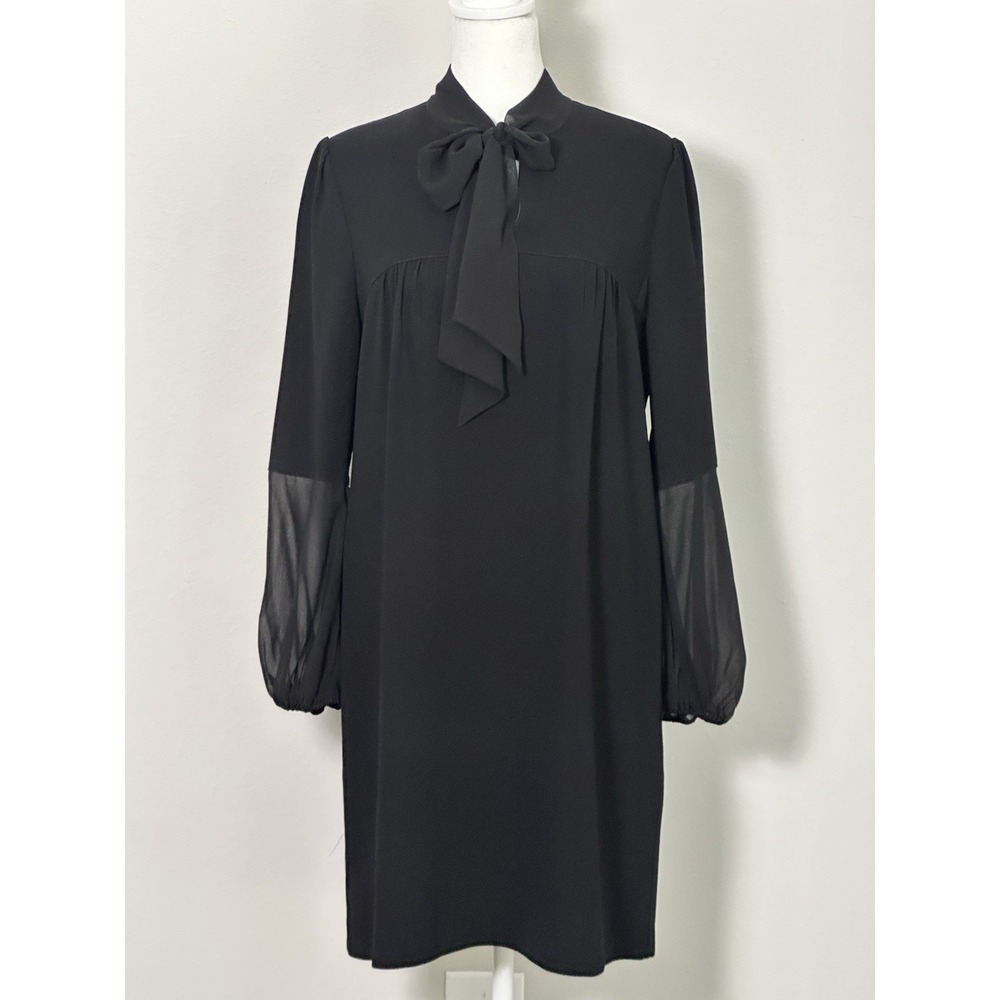 Reiss "Ronda" LiL Black Dress With Neck Tie and Sheer Sleeve‎ Detail Size (6)